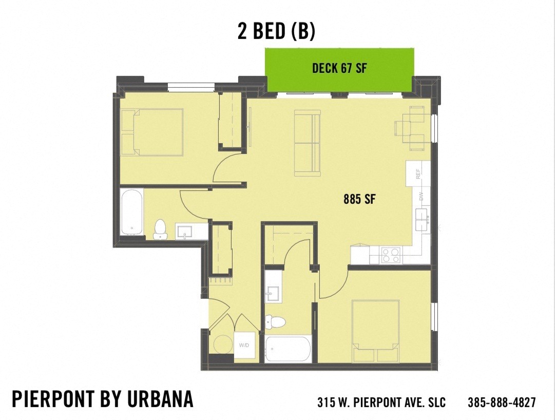 Floor plan for 2 beds, 2 baths, 885 sqft